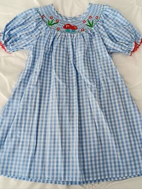 Blue Gingham Smocked Dress with Red Mushroom Embroidery
